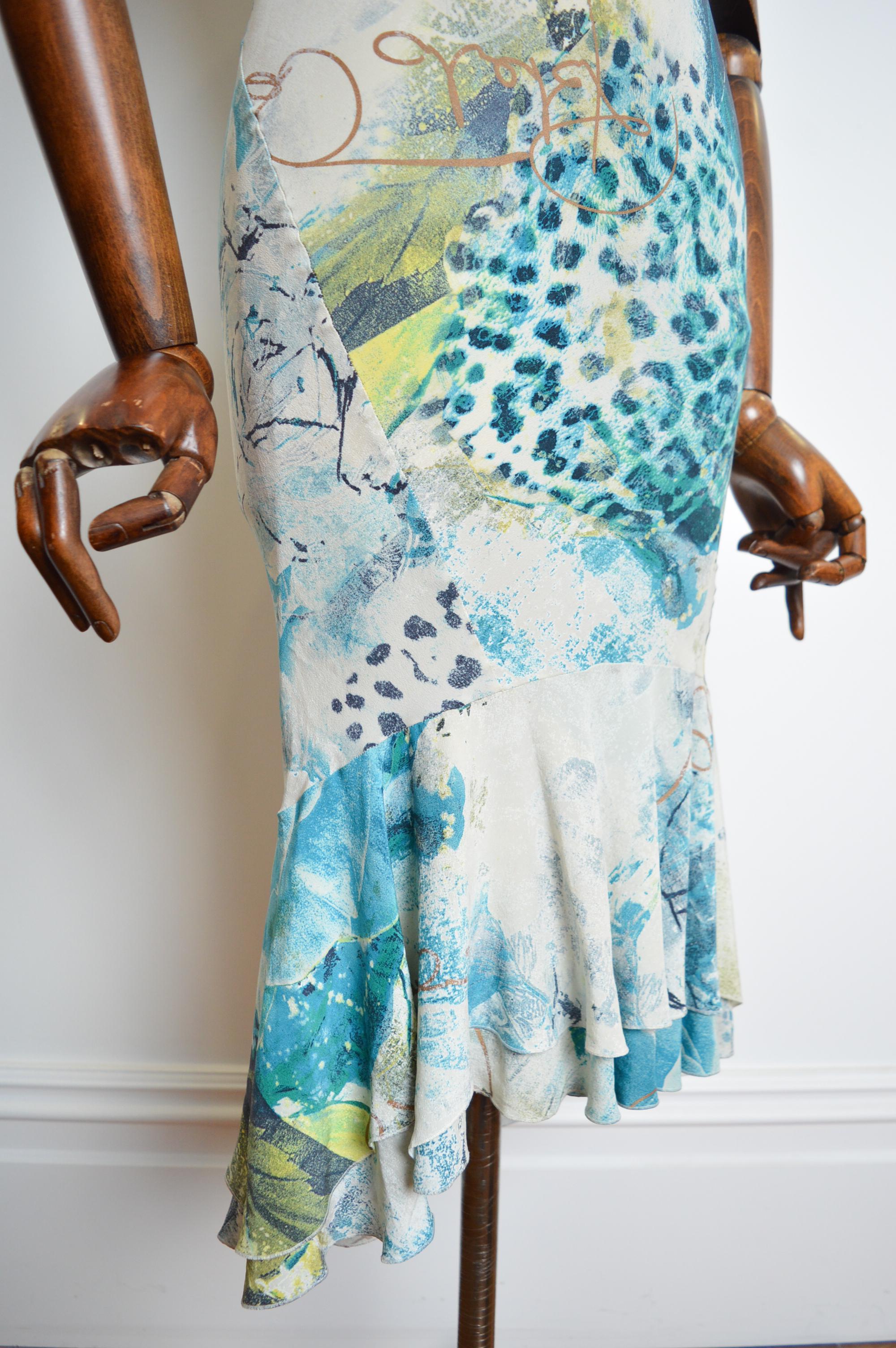 Superb Roberto Cavalli Bias Cut Silk draped blue leopard mermaid tail Dress 1