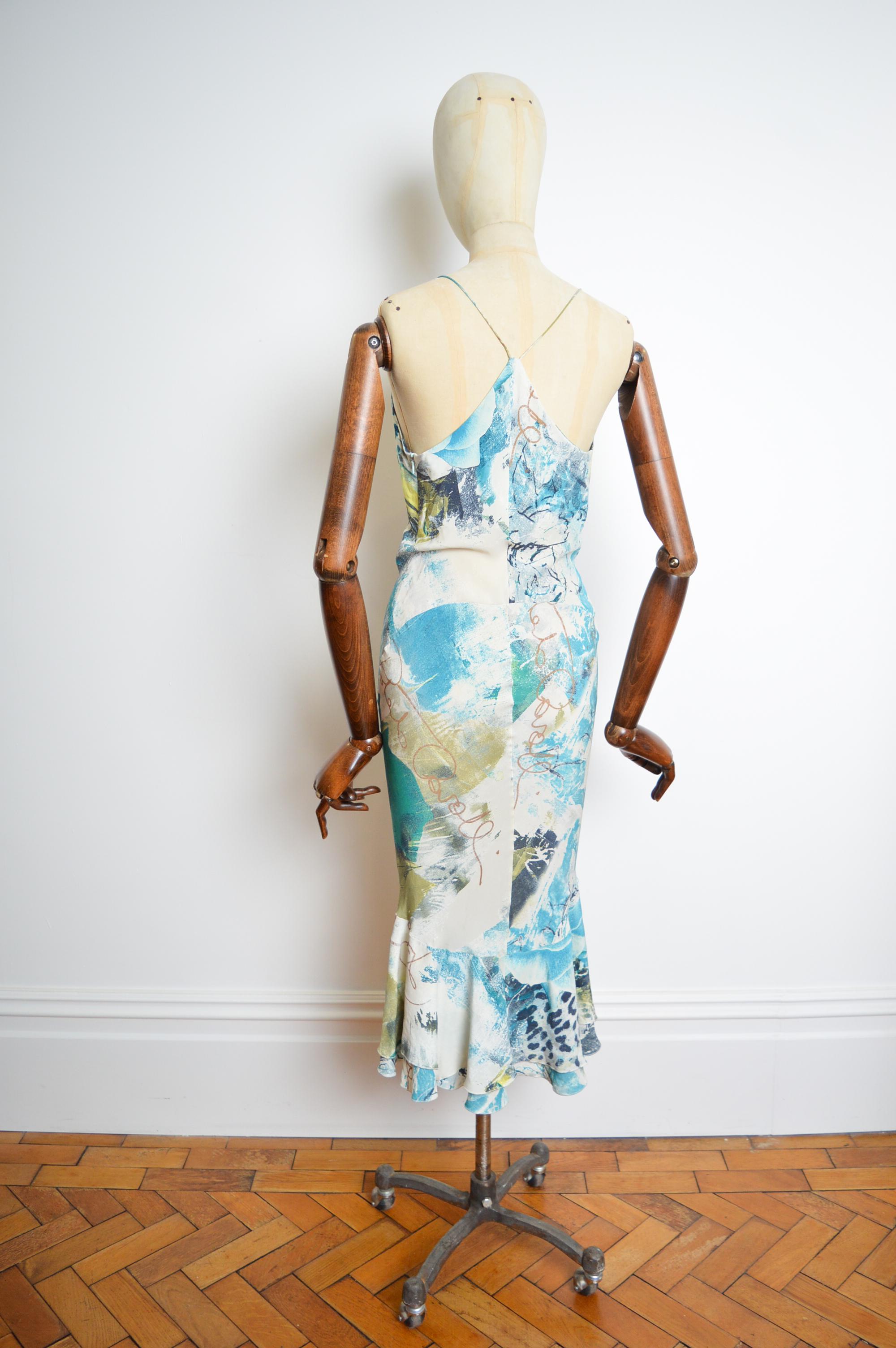 Superb Roberto Cavalli Bias Cut Silk draped blue leopard mermaid tail Dress 2
