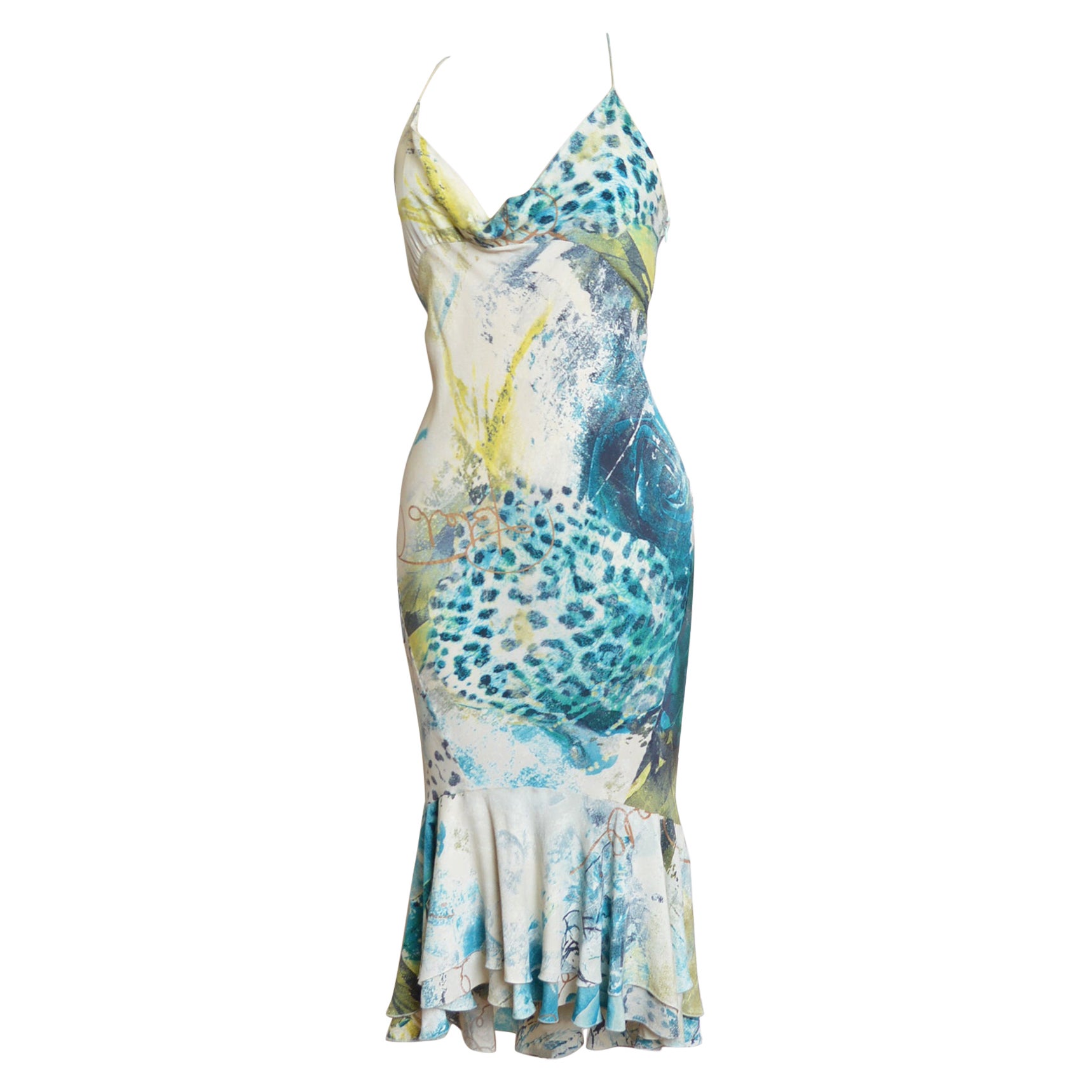 Superb Roberto Cavalli Bias Cut Silk draped blue leopard mermaid tail Dress
