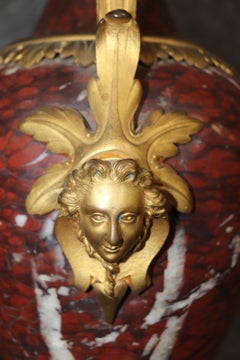 Superb Rouge Marble Urn Form Figural Bronze Mounted Glass Top Occasional Table