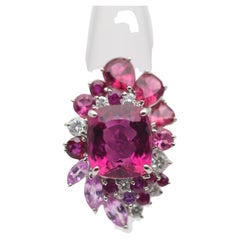 Superbe bague Sunburst en platine avec tourmaline rubellite et diamants