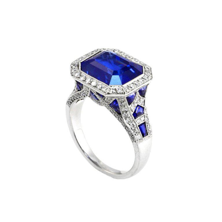 Art Deco Superb Sapphire Diamond Platinum Engagement Ring For Sale