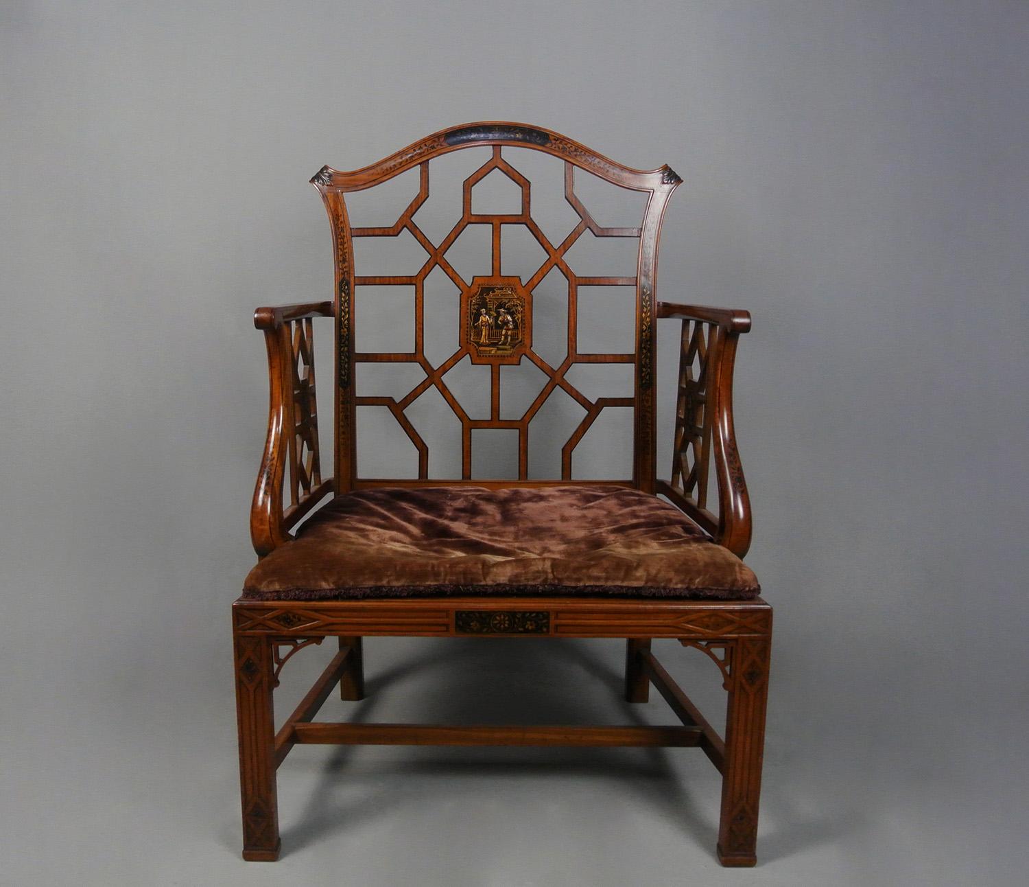 Superb Satinwood and Hand Painted Chinoiserie Cockpen Armchair c. 1900 For Sale 8