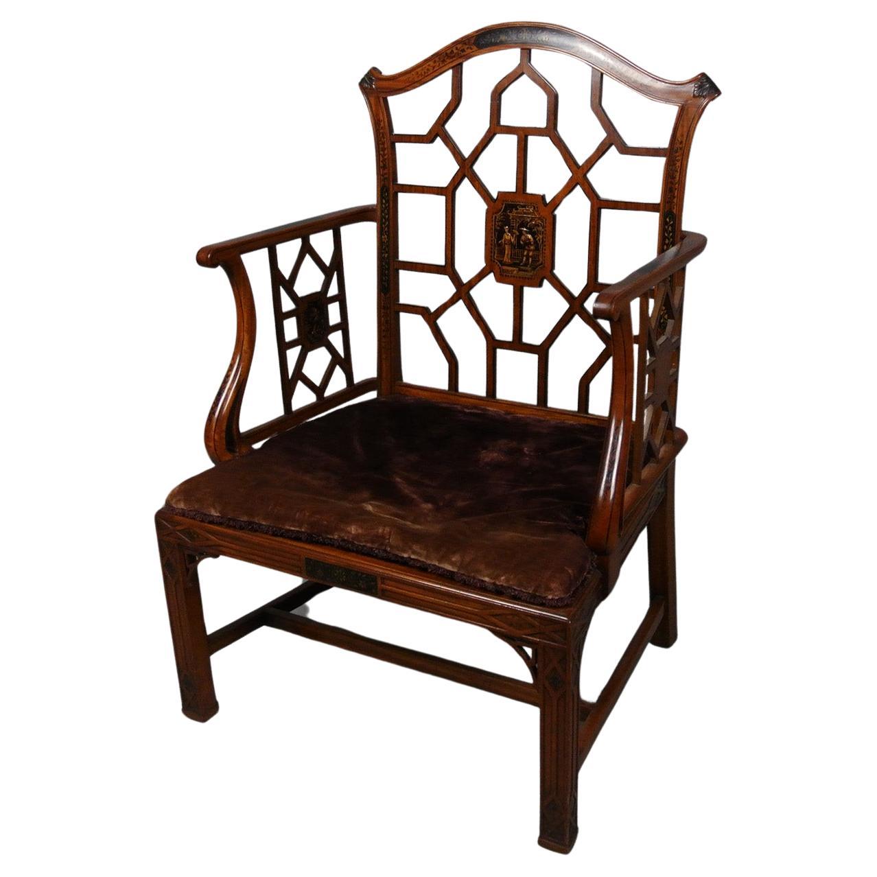 Superb Satinwood and Hand Painted Chinoiserie Cockpen Armchair c. 1900 For Sale