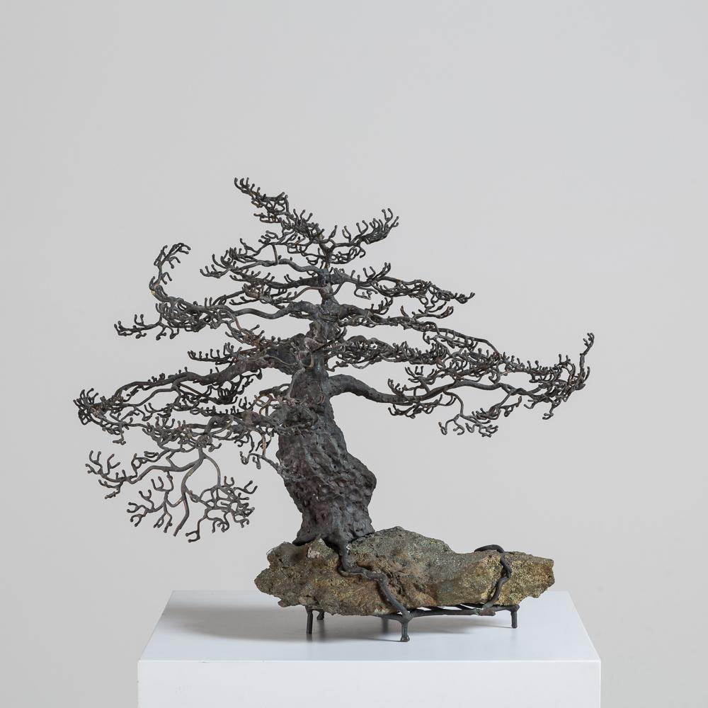 A superb large table sculpture in bronze of a Bonsai Oak Tree in winter, with the roots covering a rocky base of fools gold, mid 1960s.

Bonsai started in Japan in the 6th century. Bonsai or the art of Pen Jung translates to tray planting.