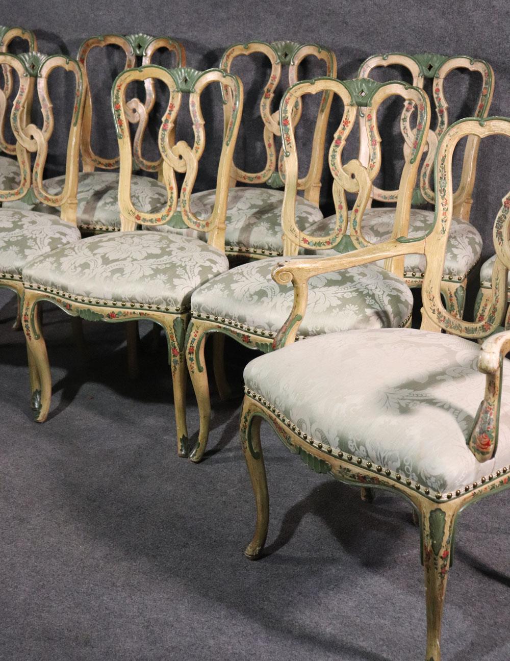 Superb Set of 10 Paint Decorated Italian Venetian Florentine Dining Chairs In Good Condition In Swedesboro, NJ