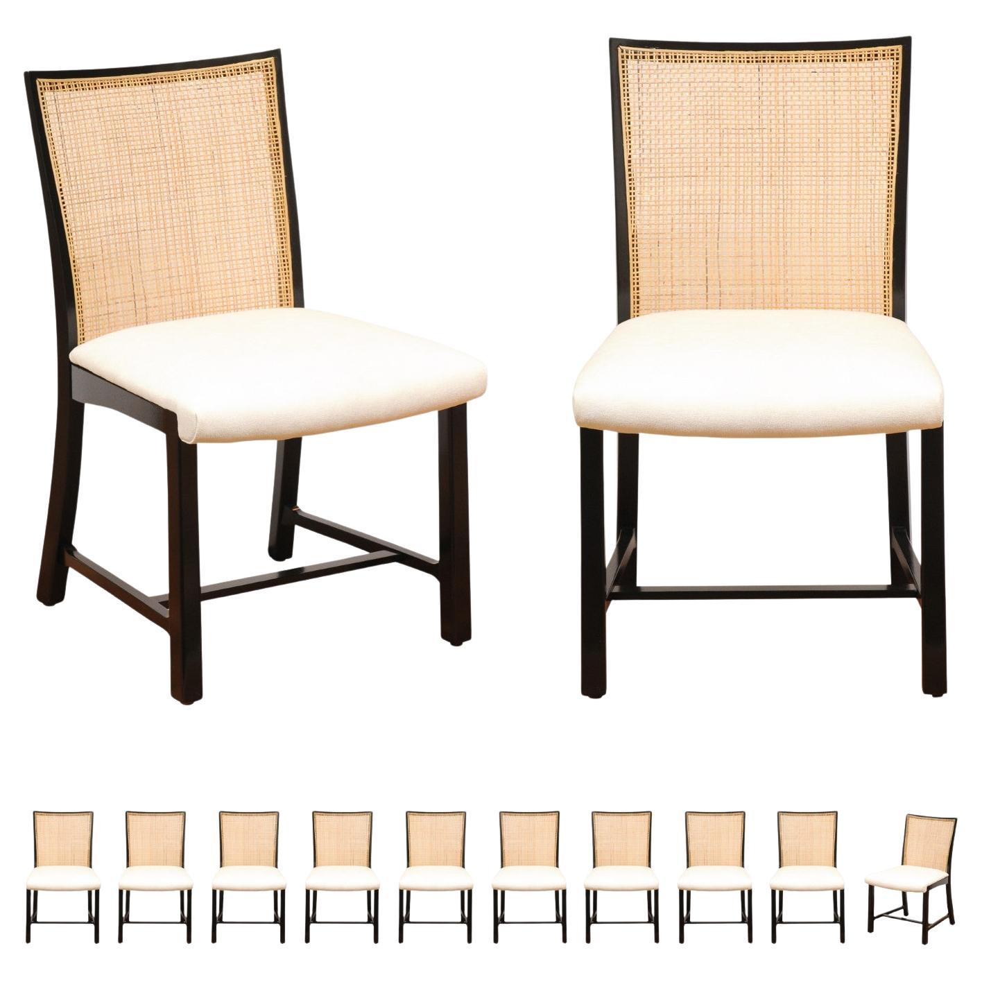Superb Set 12 Vintage Black Lacquer Cane Side Chairs by Michael Taylor for Baker