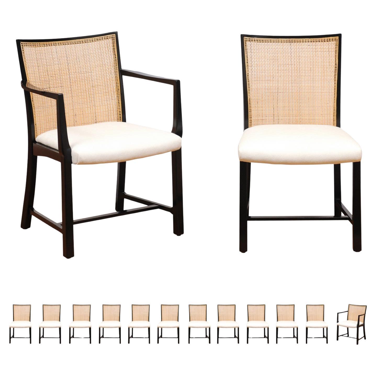 Superb Set 14 Vintage Black Lacquer Cane Chairs by Michael Taylor for Baker