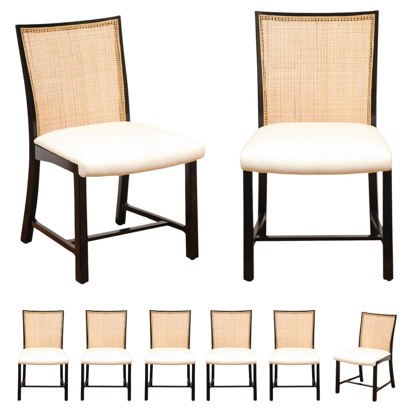 Superb Set 8 Vintage Black Lacquer Cane Side Chairs by Michael Taylor for Baker