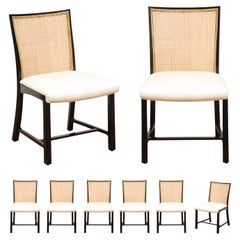 Superb Set 8 Vintage Black Lacquer Cane Side Chairs by Michael Taylor for Baker
