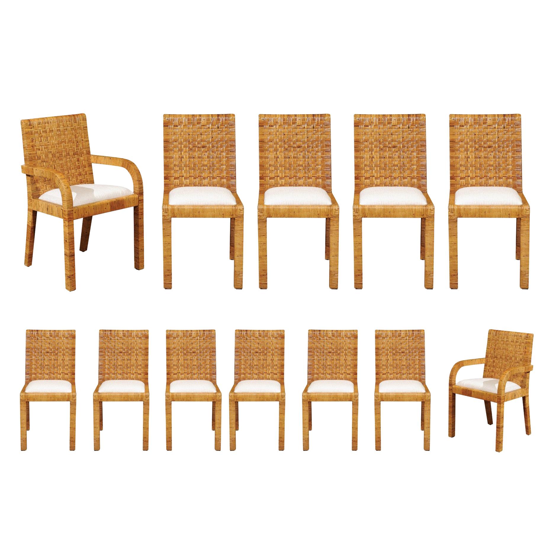 Superb Set of 12 Cane Wrapped Dining Chairs in the Style of Billy Baldwin, 1975