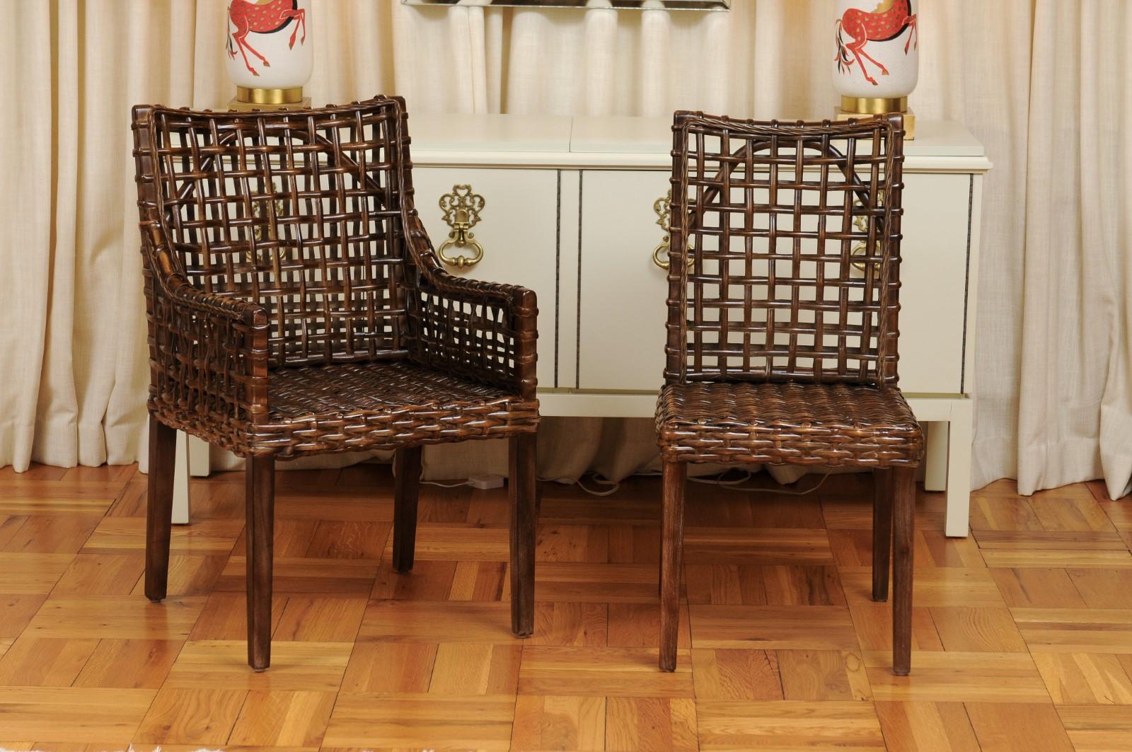 These magnificent dining chairs are shipped as professionally photographed and described in the listing narrative: meticulously professionally restored and installation ready. Expert custom upholstery service is available.

A stellar set of twelve