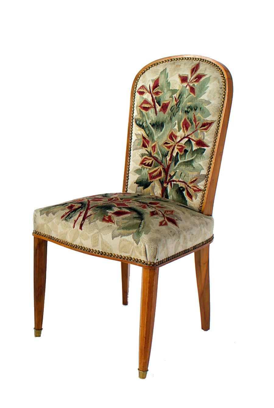 Mid-Century Modern Superb Set of 12 French Modern Fruitwood & Tapestry Dining Chairs, Jules Leleu For Sale
