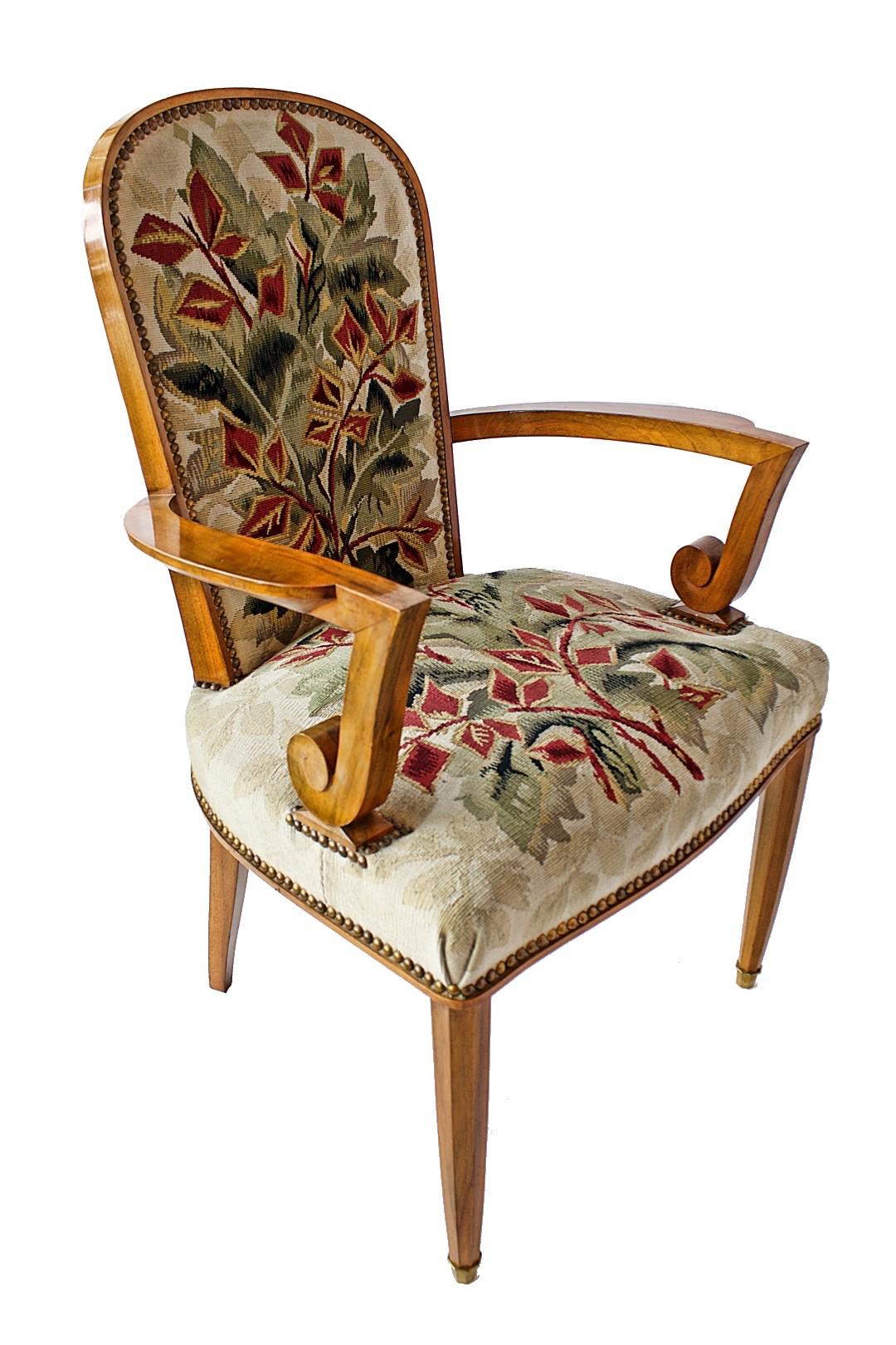 Superb Set of 12 French Modern Fruitwood & Tapestry Dining Chairs, Jules Leleu In Good Condition For Sale In Hollywood, FL