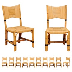 Retro Superb Set of 12 Rush Wicker Cane Rattan Chairs by John Hutton for Donghia