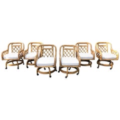 Vintage Superb Set of 6 Midcentury Franco Albini Style Rattan Swivel Dining Chairs