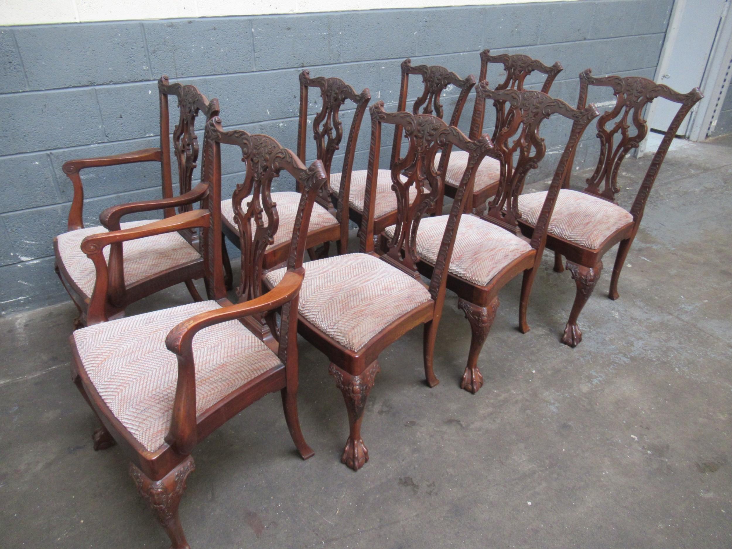 Superb Set of 8 (6+2) Antique English Carved Mahogany Chipp. Style Dining Chairs For Sale 7
