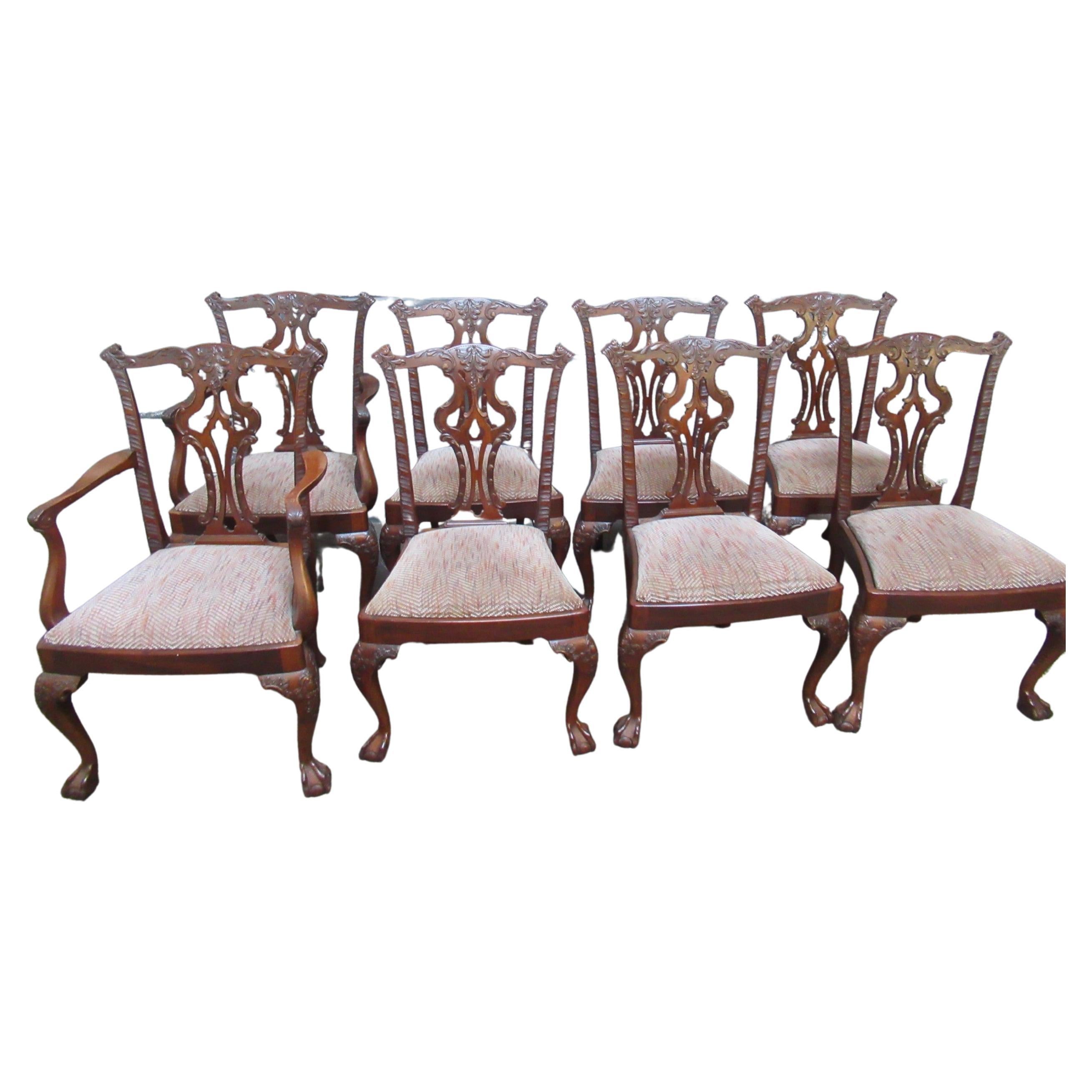 Superb Set of 8 (6+2) Antique English Carved Mahogany Chipp. Style Dining Chairs For Sale