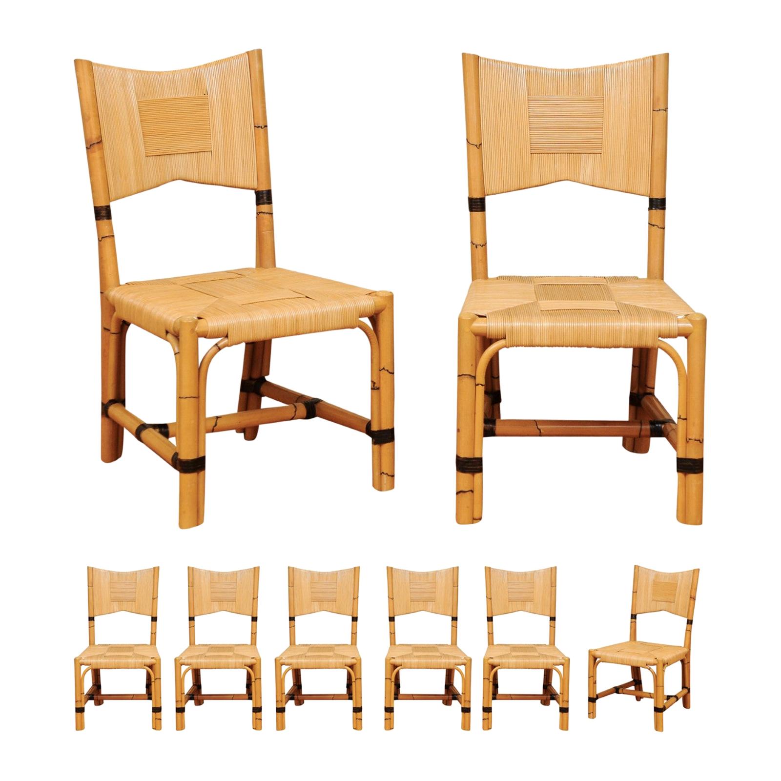 Superb Set of 8 Rush Rattan Dining Chairs by John Hutton for Donghia, circa 1995 For Sale