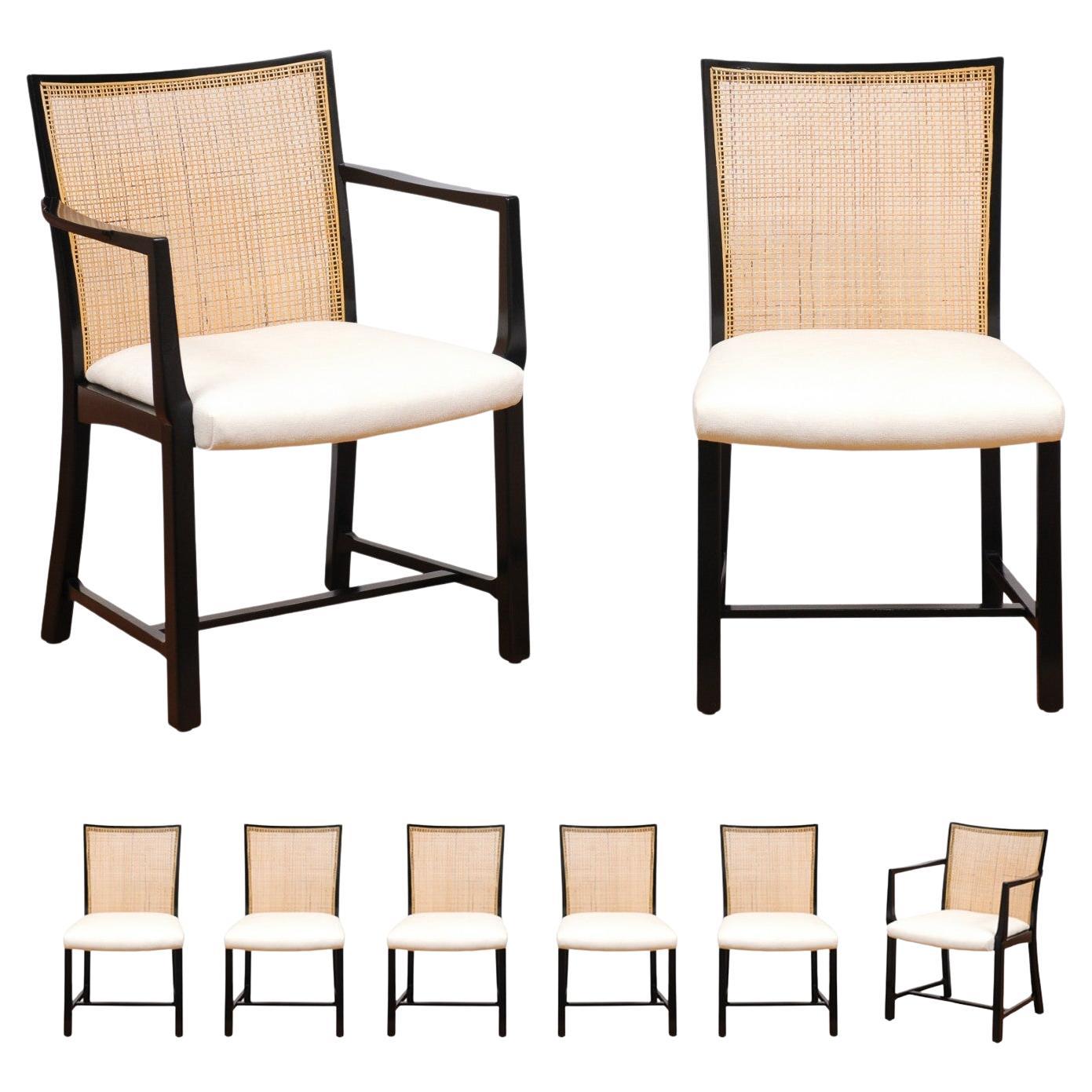 Superb Set of 8 Vintage Black Lacquer Cane Chairs by Michael Taylor for Baker