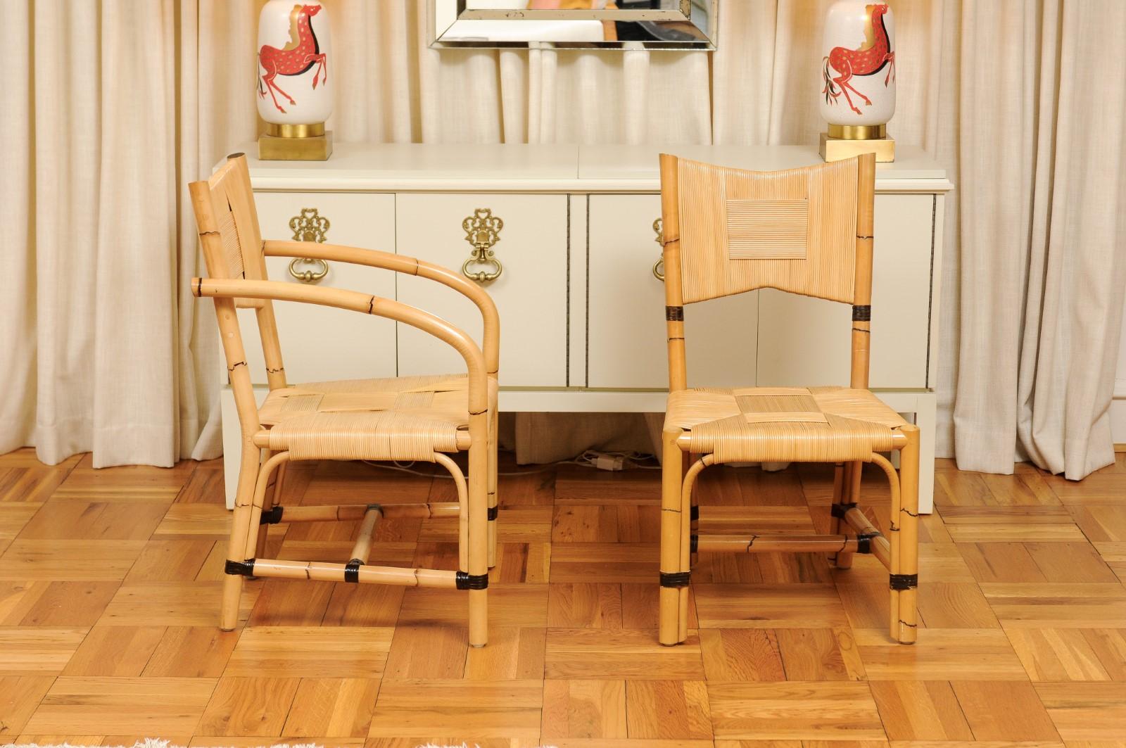 Bambù Superbo set di 8 sedie in canna di rattan vintage di John Hutton per Donghia in vendita