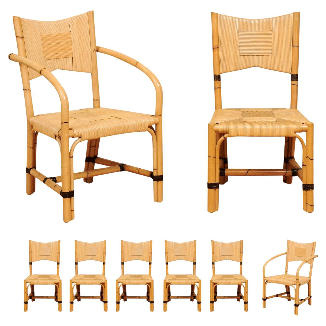 Superbe ensemble de 8 chaises vintage en rotin et jonc de John Hutton pour Donghia
