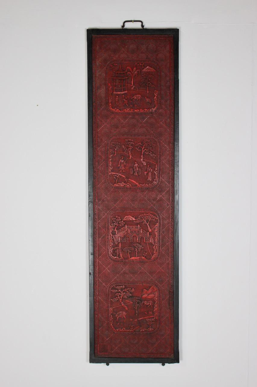 Superb Set of Four 19th Century Chinese Cinnabar Lacquer Panels In Excellent Condition For Sale In Gloucestershire, GB