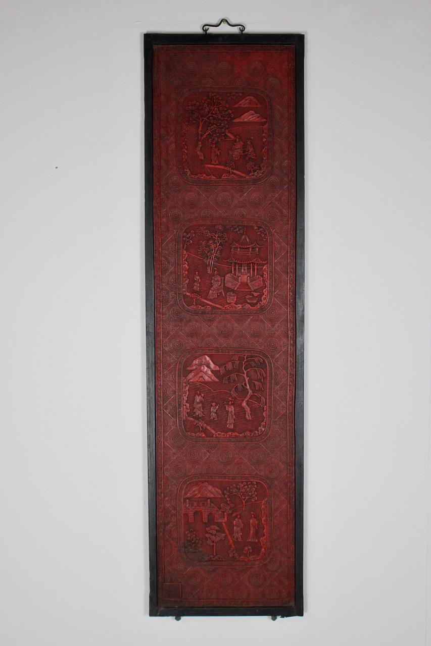 Superb Set of Four 19th Century Chinese Cinnabar Lacquer Panels For Sale 2