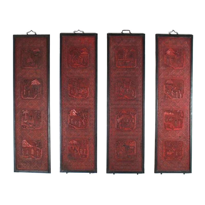 Superb Set of Four 19th Century Chinese Cinnabar Lacquer Panels For Sale