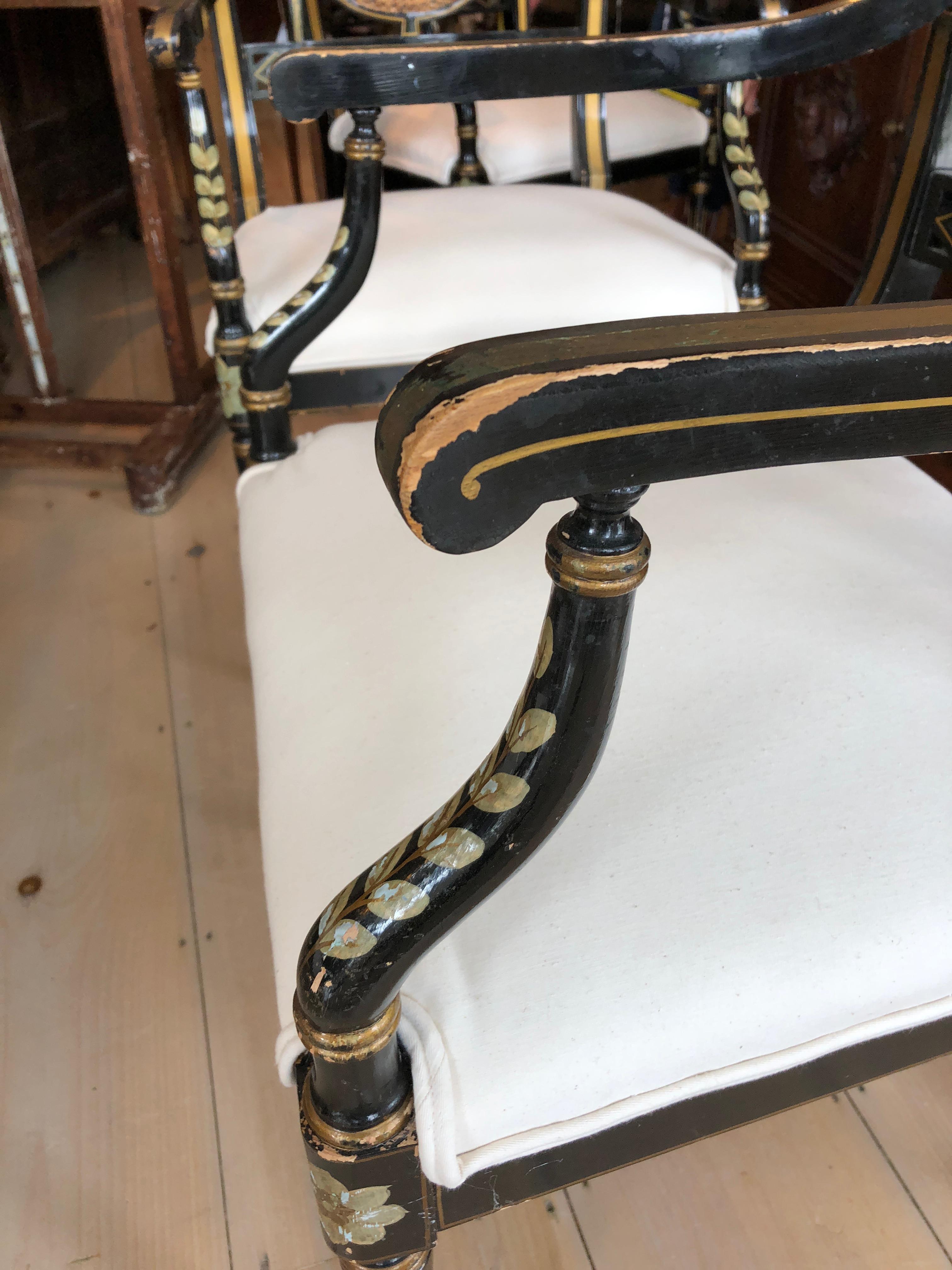 Superb Set of Four British Regency Black, Gold and Green Armchairs Club Chairs 8