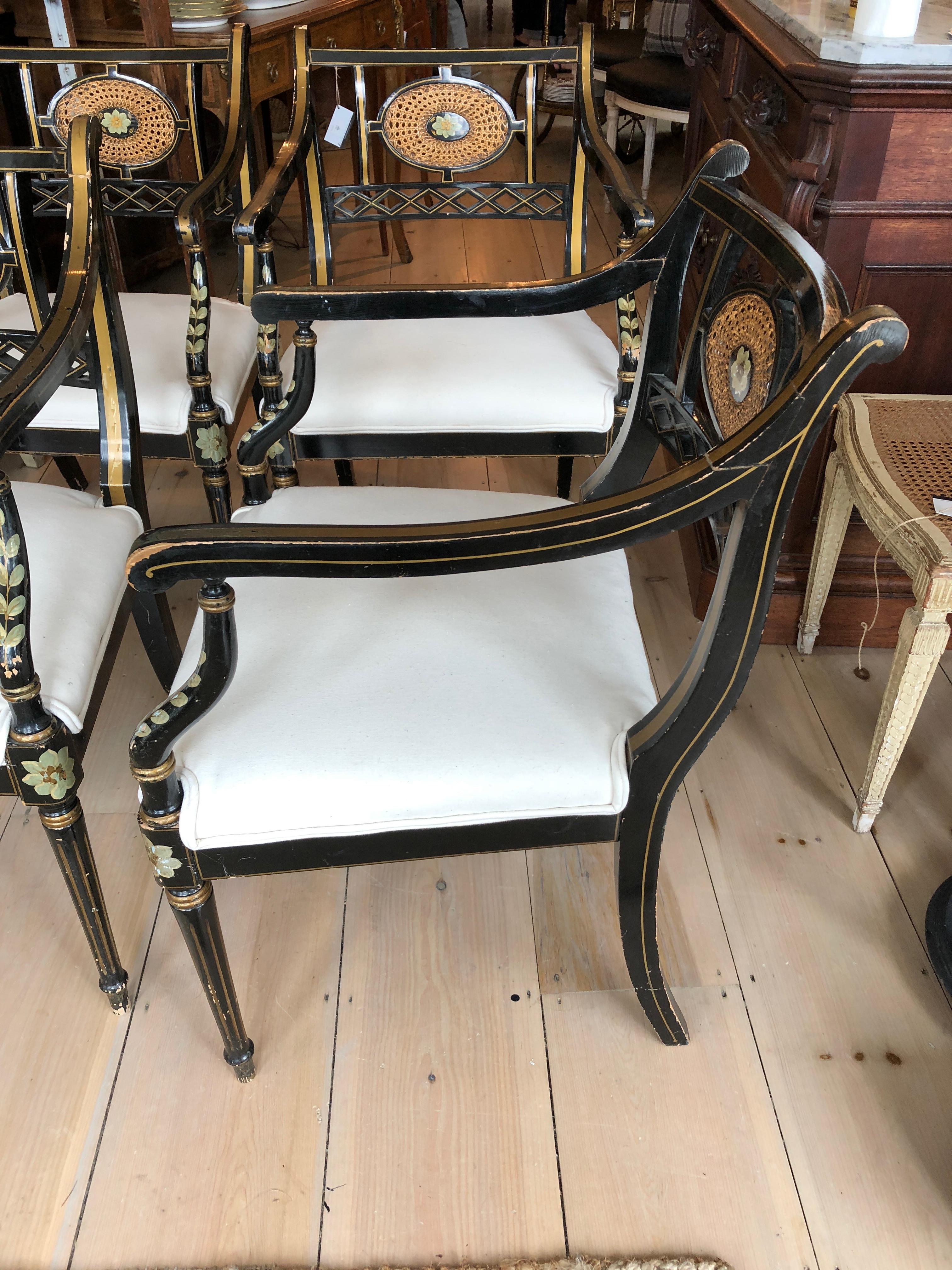 Upholstery Superb Set of Four British Regency Black, Gold and Green Armchairs Club Chairs