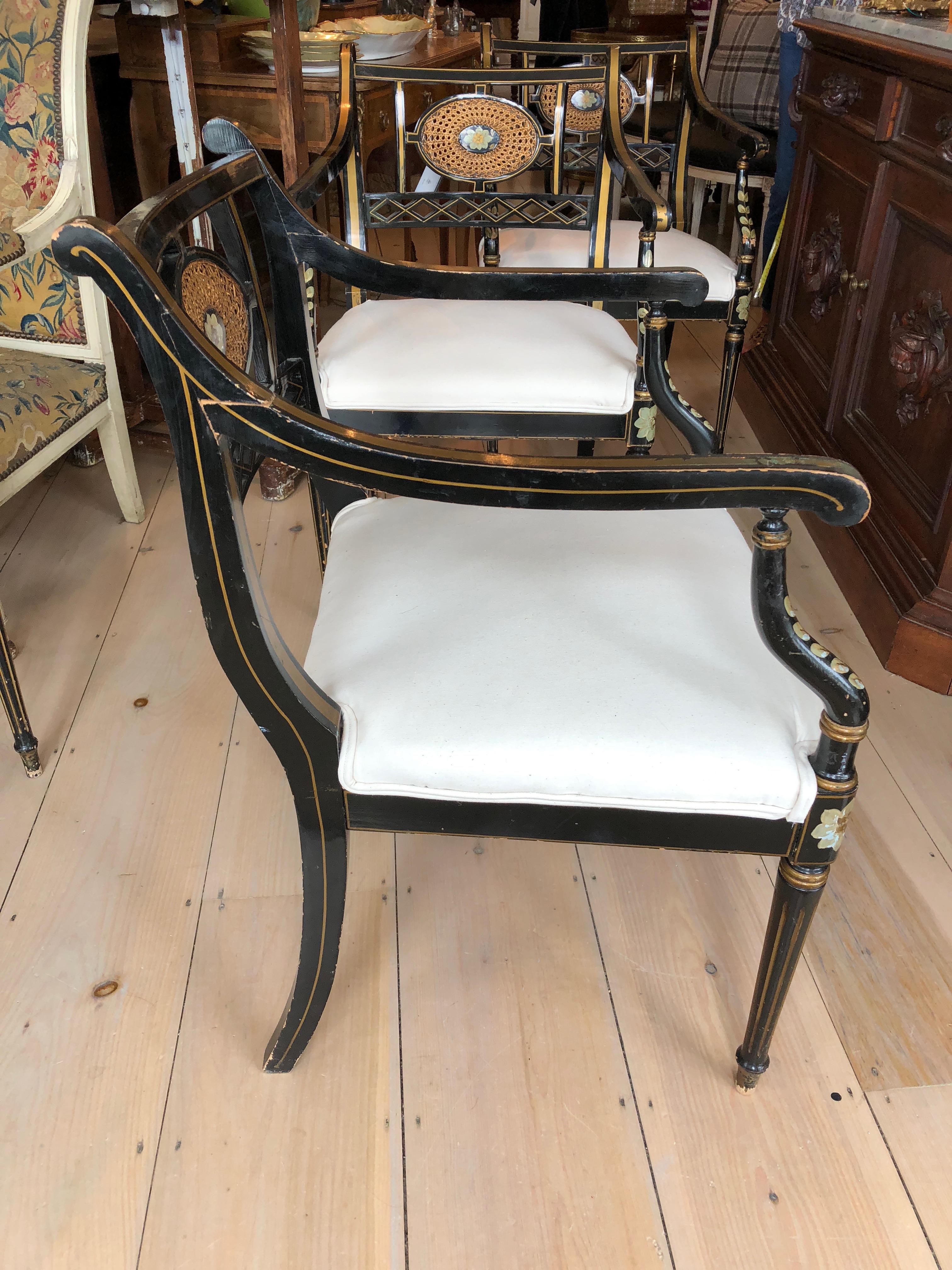 Superb Set of Four British Regency Black, Gold and Green Armchairs Club Chairs 1