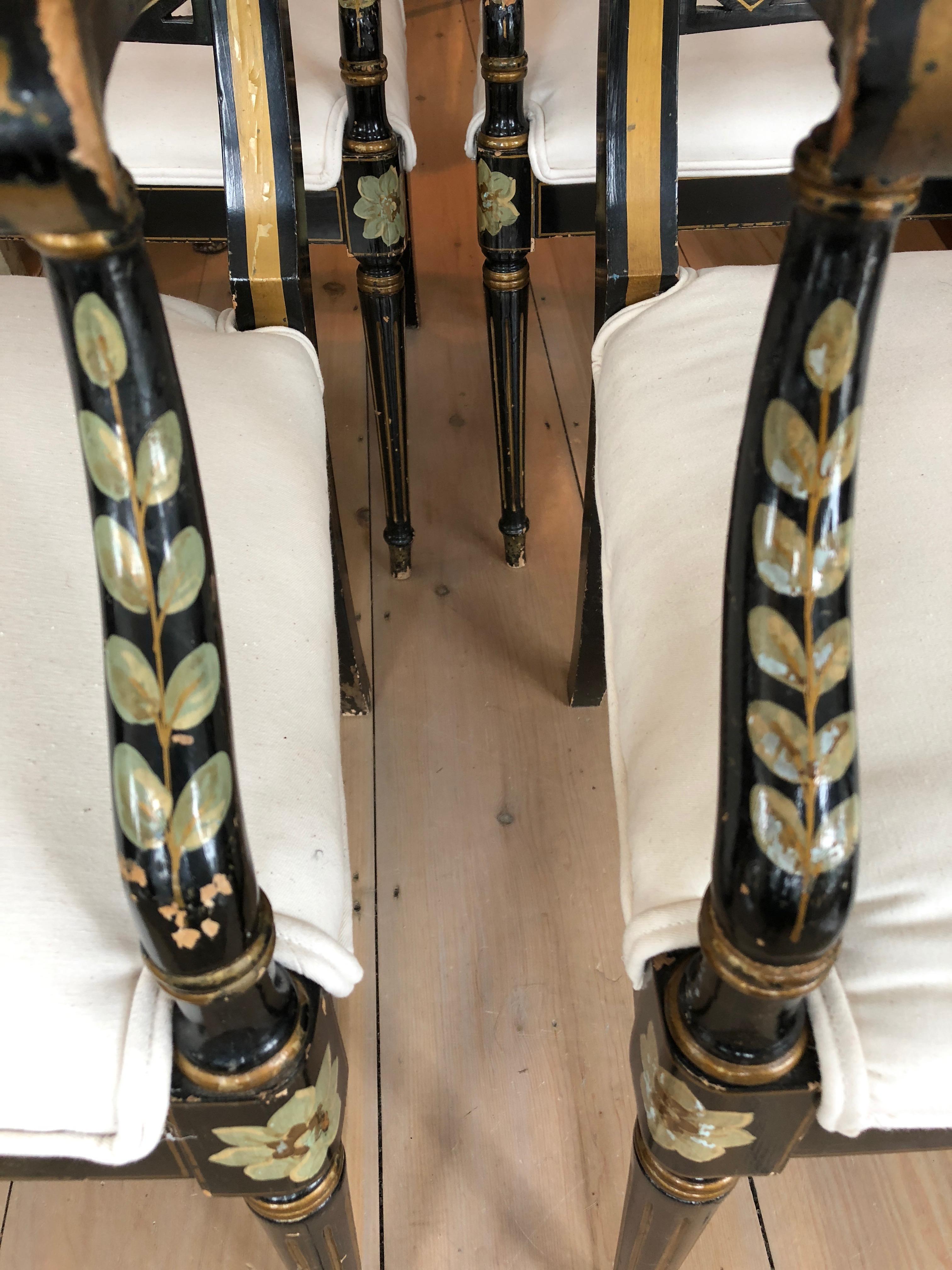 Superb Set of Four British Regency Black, Gold and Green Armchairs Club Chairs 2