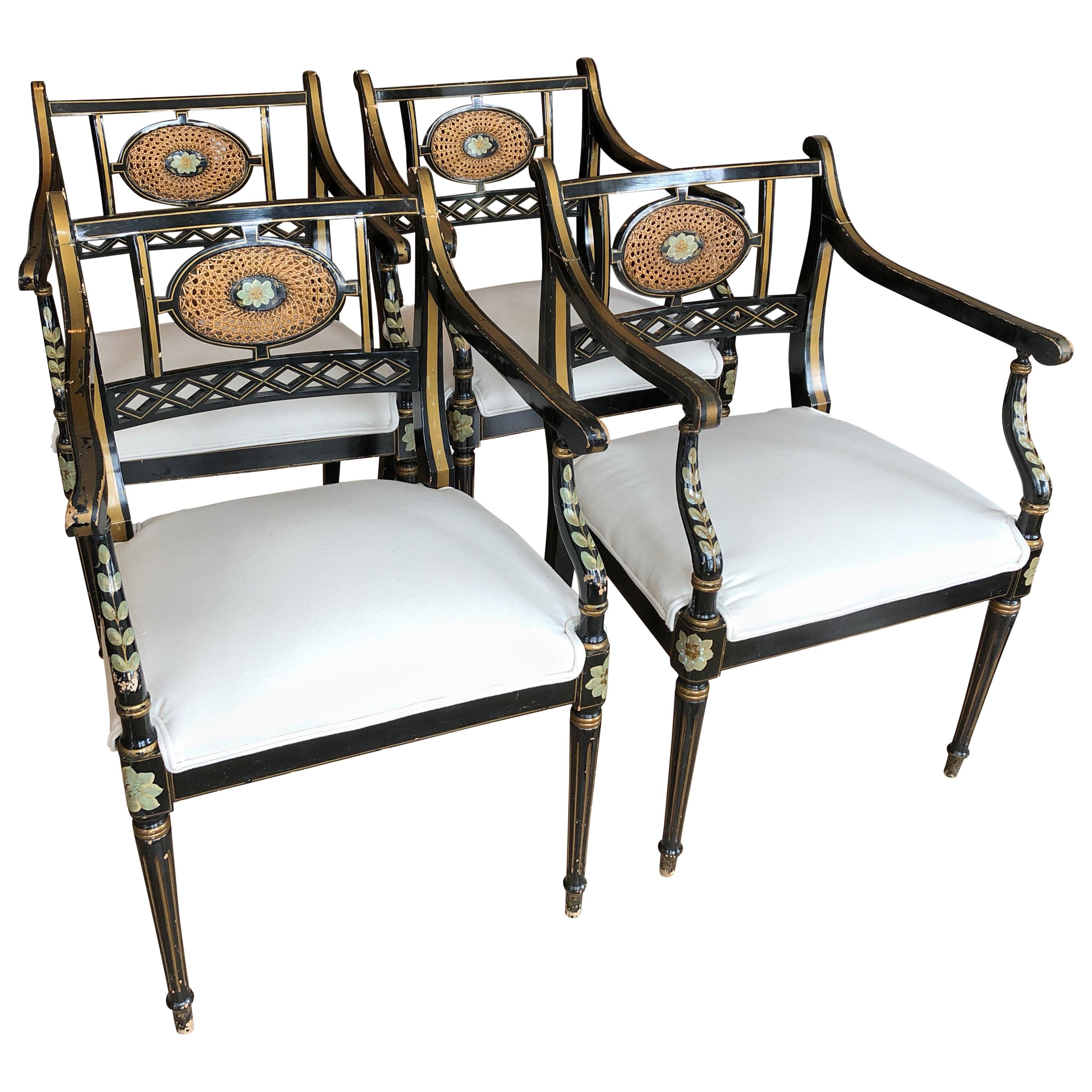 Superb Set of Four British Regency Black, Gold and Green Armchairs Club Chairs