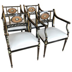 Superb Set of Four British Regency Black, Gold and Green Armchairs Club Chairs