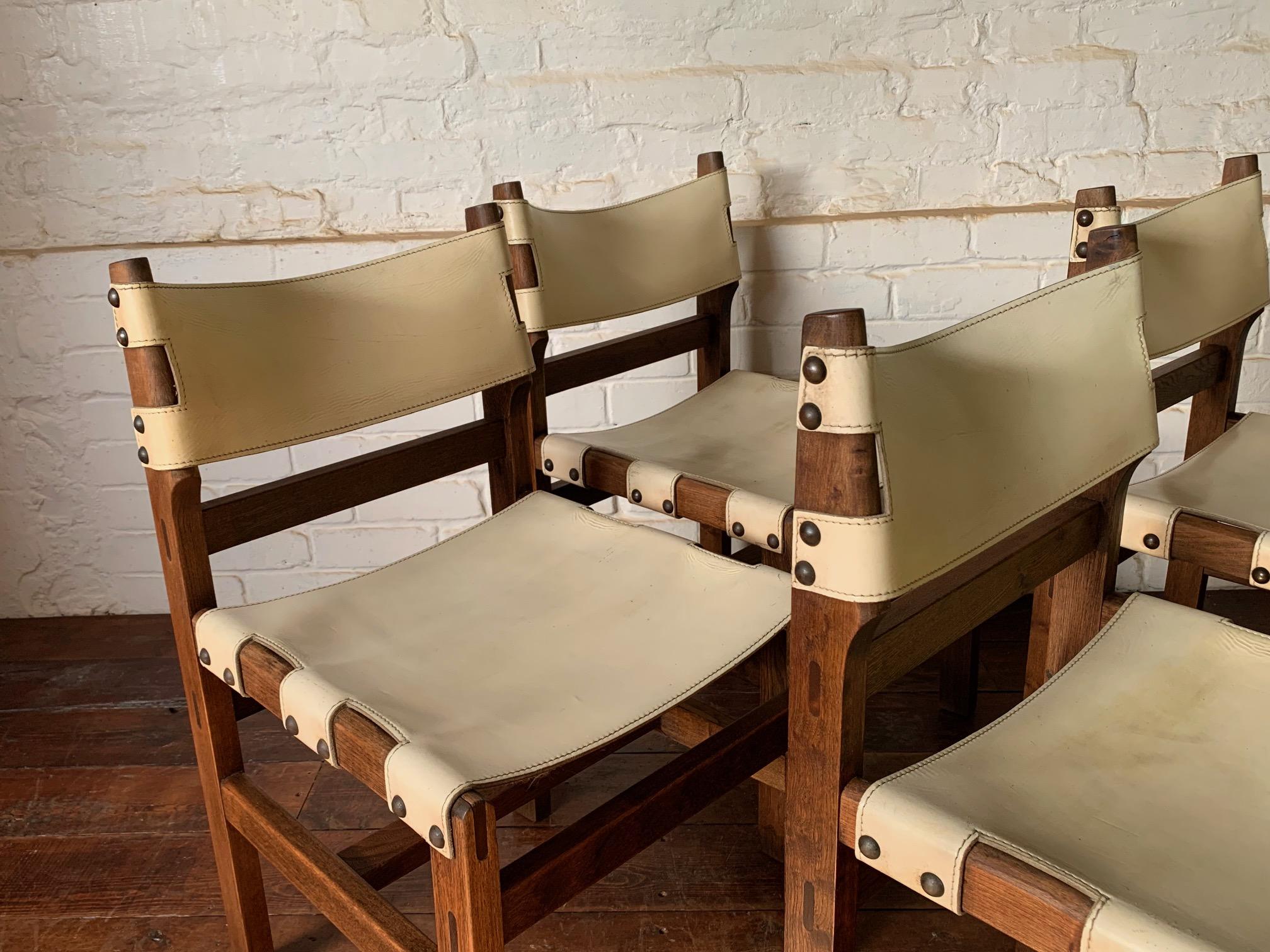 Superb Set of Four Leather & Elm Safari Dining Chairs C1970’s by Maison Regain 4