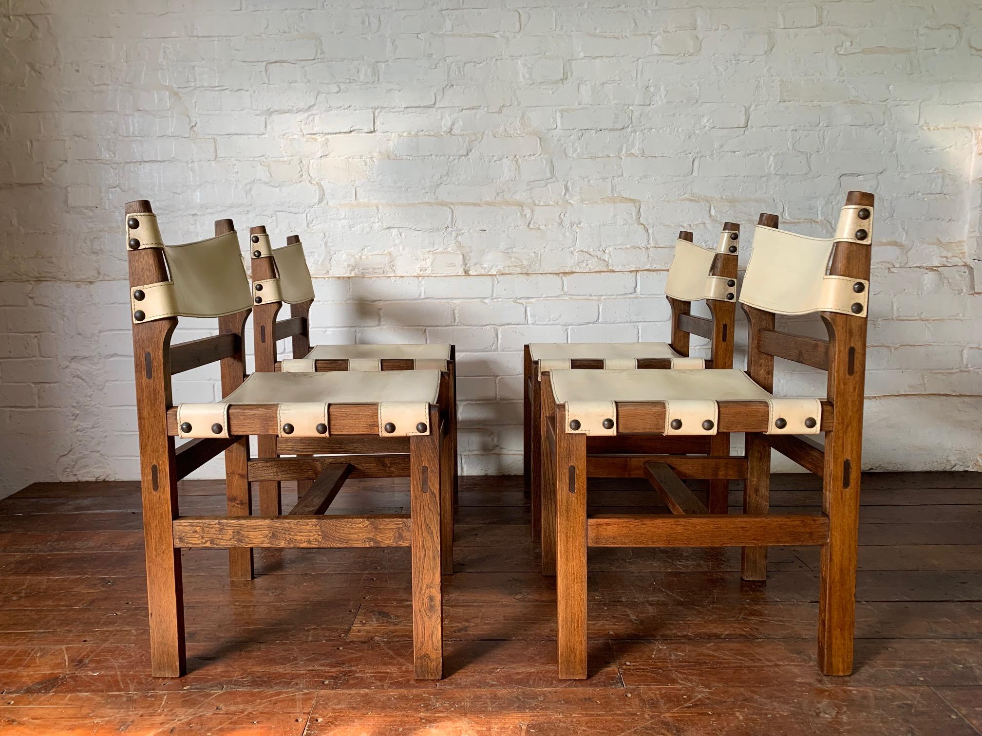 Superb Set of Four Leather & Elm Safari Dining Chairs C1970’s by Maison Regain 5