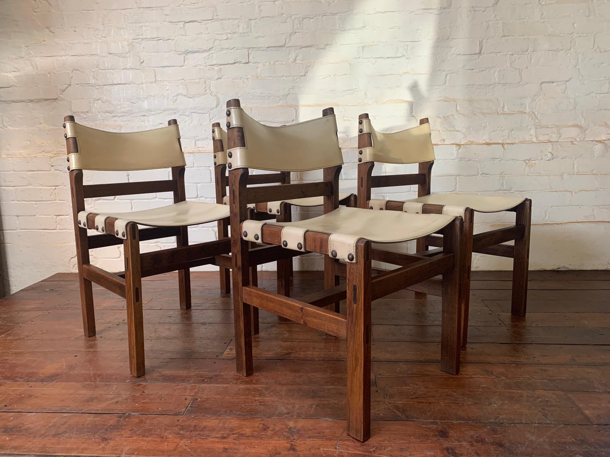 Superb Set of Four Leather & Elm Safari Dining Chairs C1970’s by Maison Regain 7