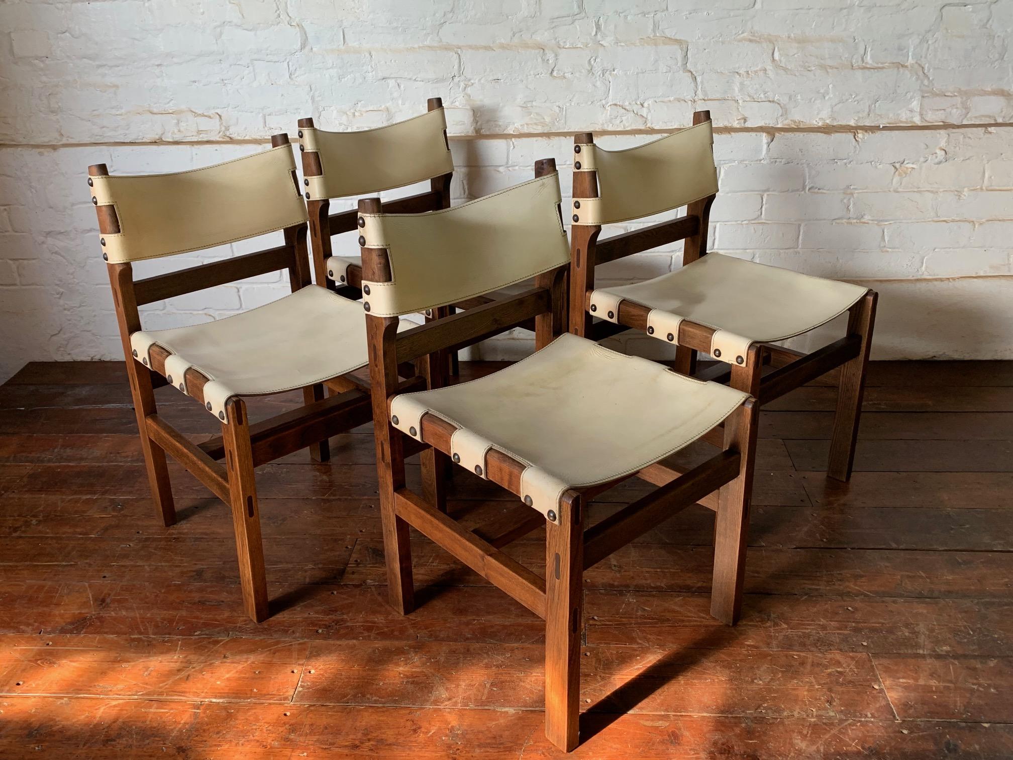 Colonial Revival Superb Set of Four Leather & Elm Safari Dining Chairs C1970’s by Maison Regain