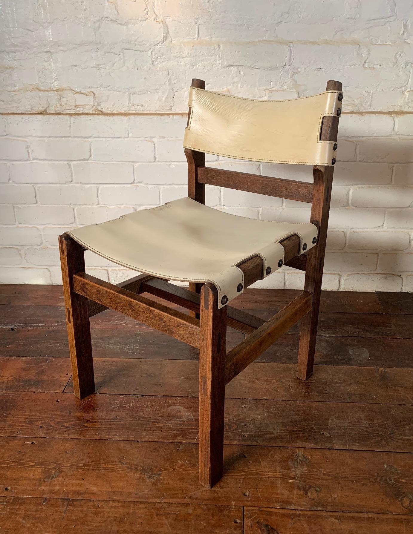 Superb Set of Four Leather & Elm Safari Dining Chairs C1970’s by Maison Regain In Good Condition In Hastings, GB