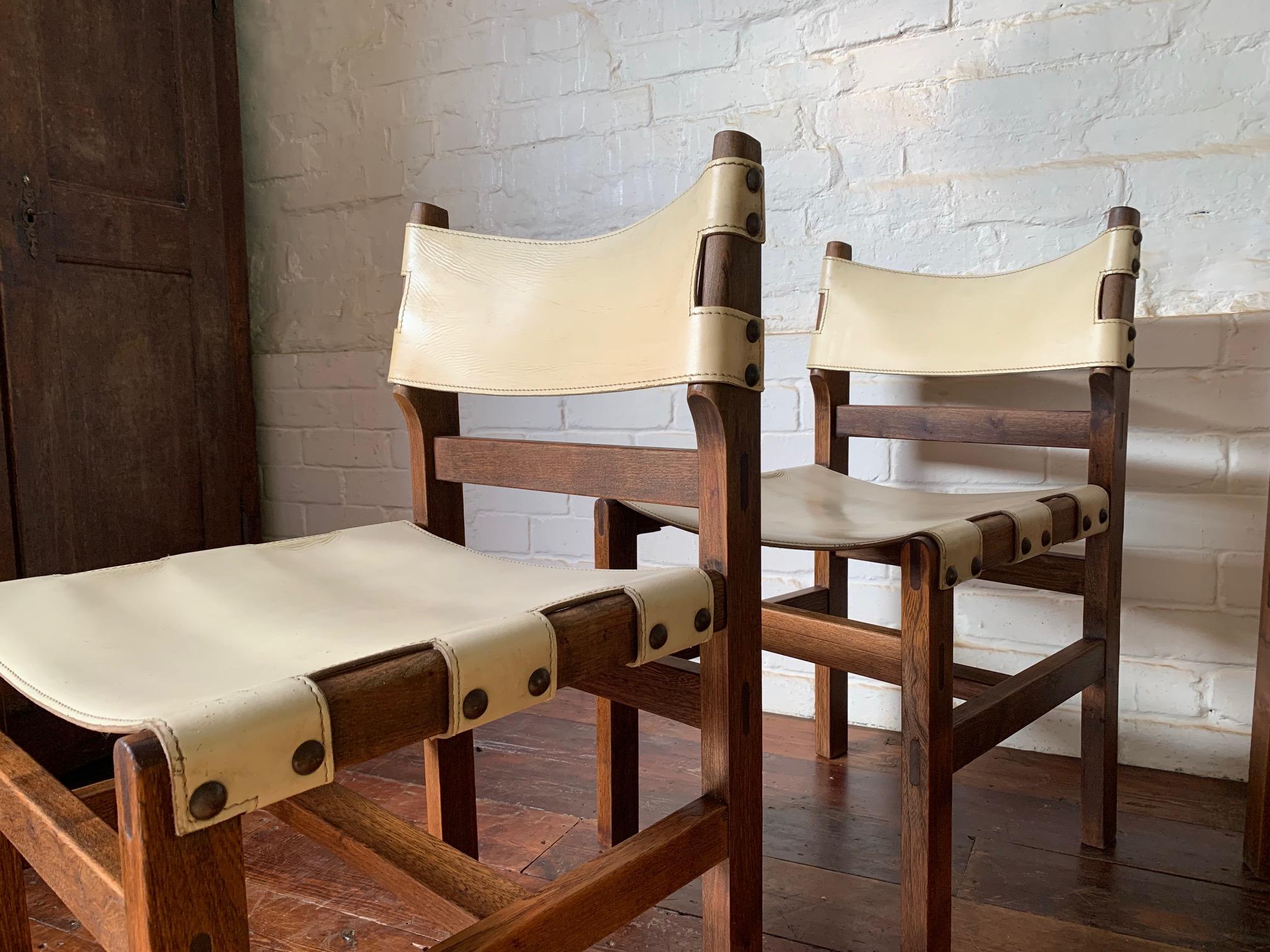 Late 20th Century Superb Set of Four Leather & Elm Safari Dining Chairs C1970’s by Maison Regain