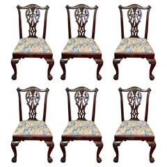 Superbe ensemble de six géométries anglaises anciennes Chaises en acajou sculpté à la main de style I/II
