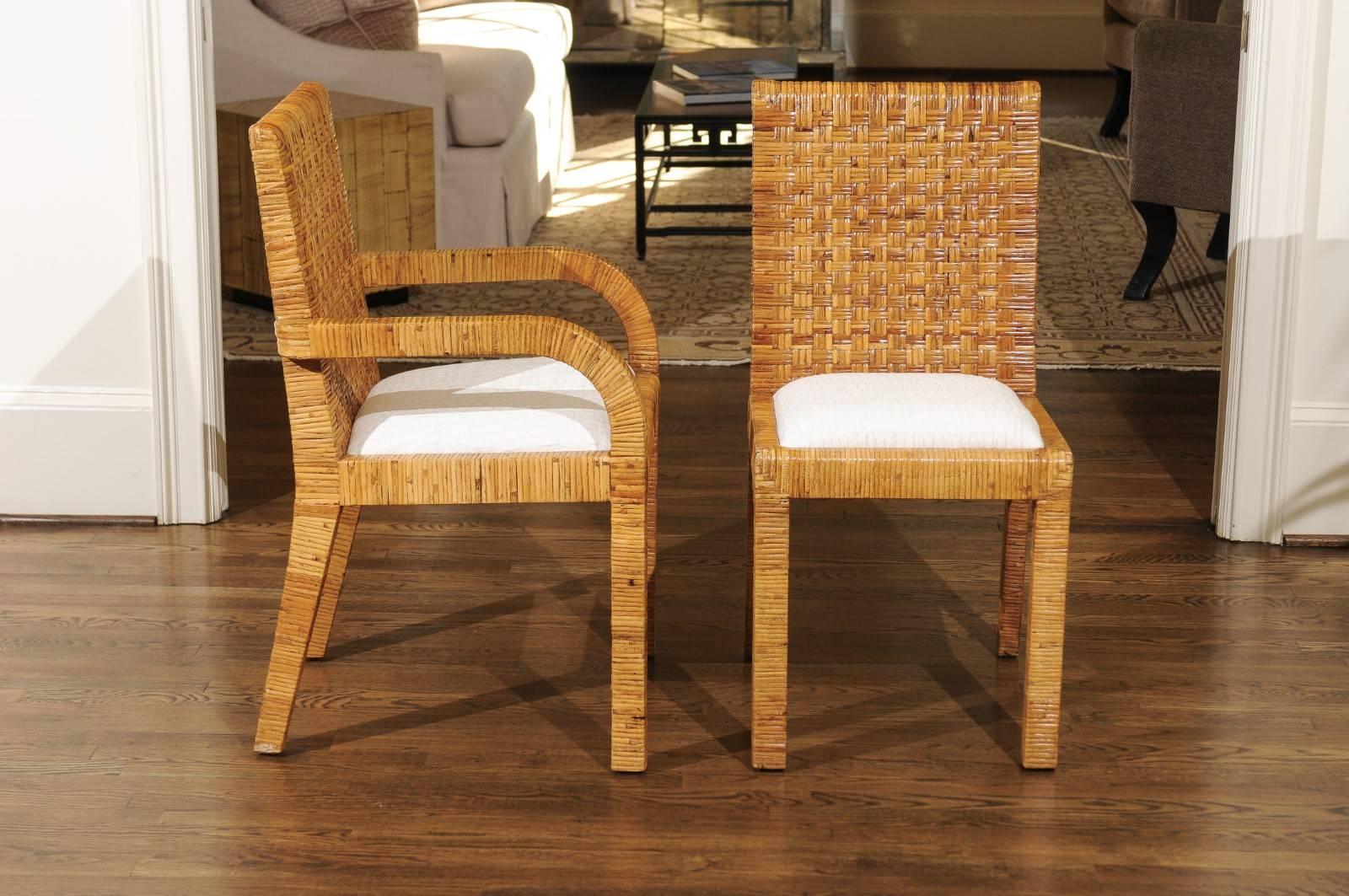 These magnificent dining chairs are shipped as professionally photographed and described in the listing narrative: Meticulously professionally restored and installation ready. Expert custom upholstery service is available.

A killer set of ten (10)