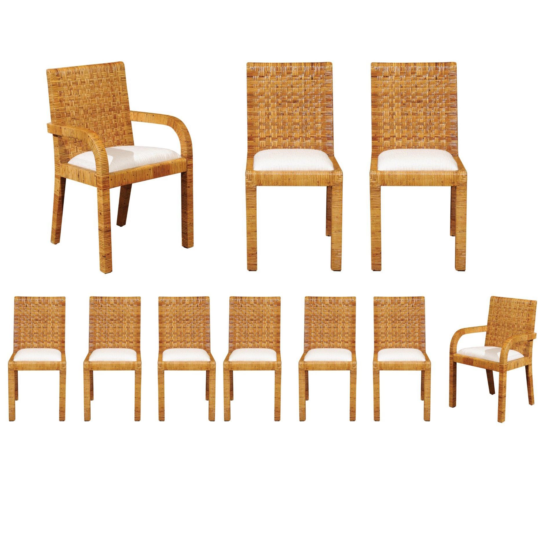 Superb Set of Ten Cane Wrapped Dining Chairs in the Style of Billy Baldwin, 1975