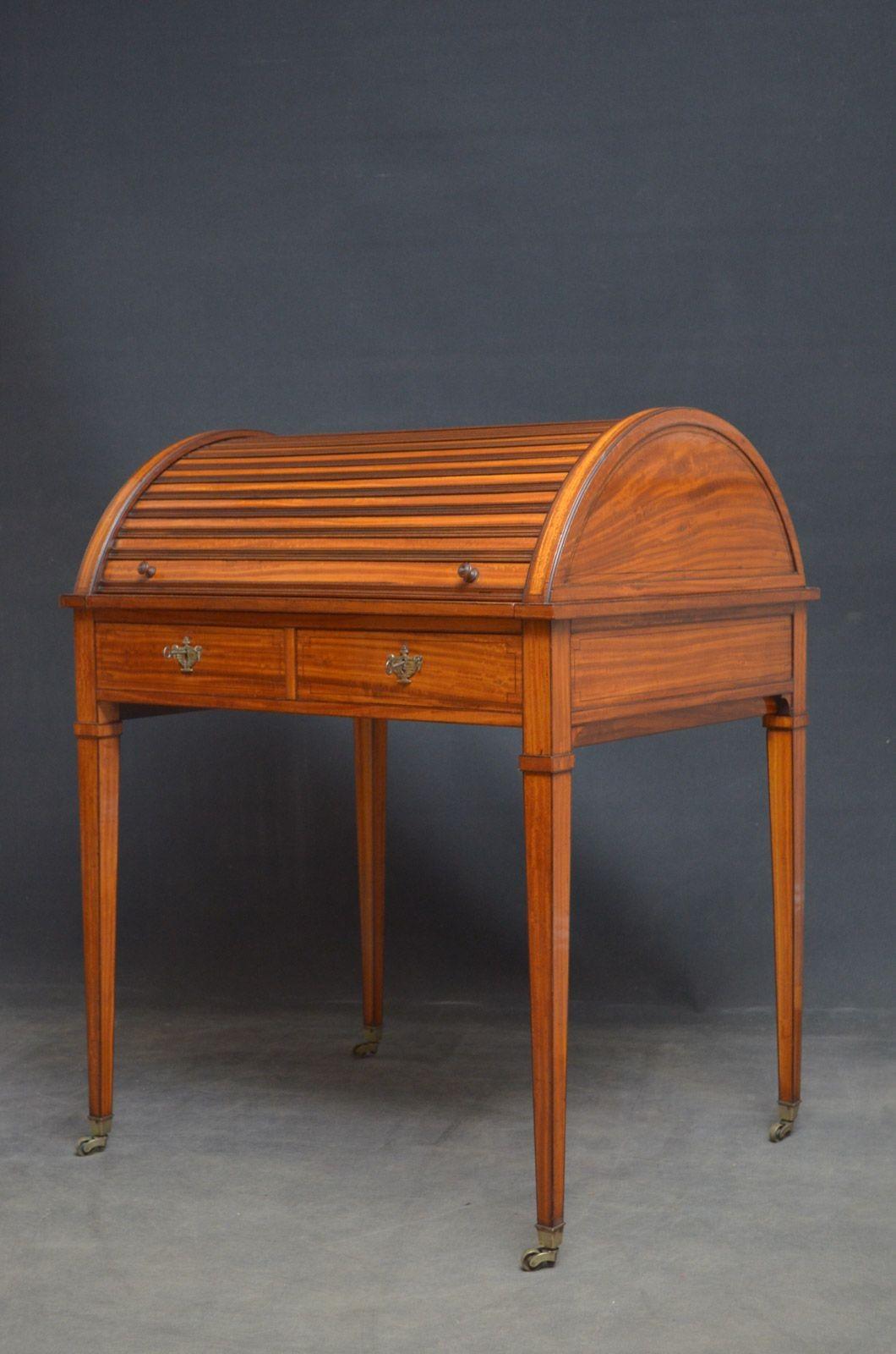 Sn4637 Fine late Victorian satinwood bureau, having arched tambour top which open to reveal pigeons holes, small inlaid drawers and slide out, green leather writing surface, all above 2 mahogany lined drawers (keys for decoration only), standing on