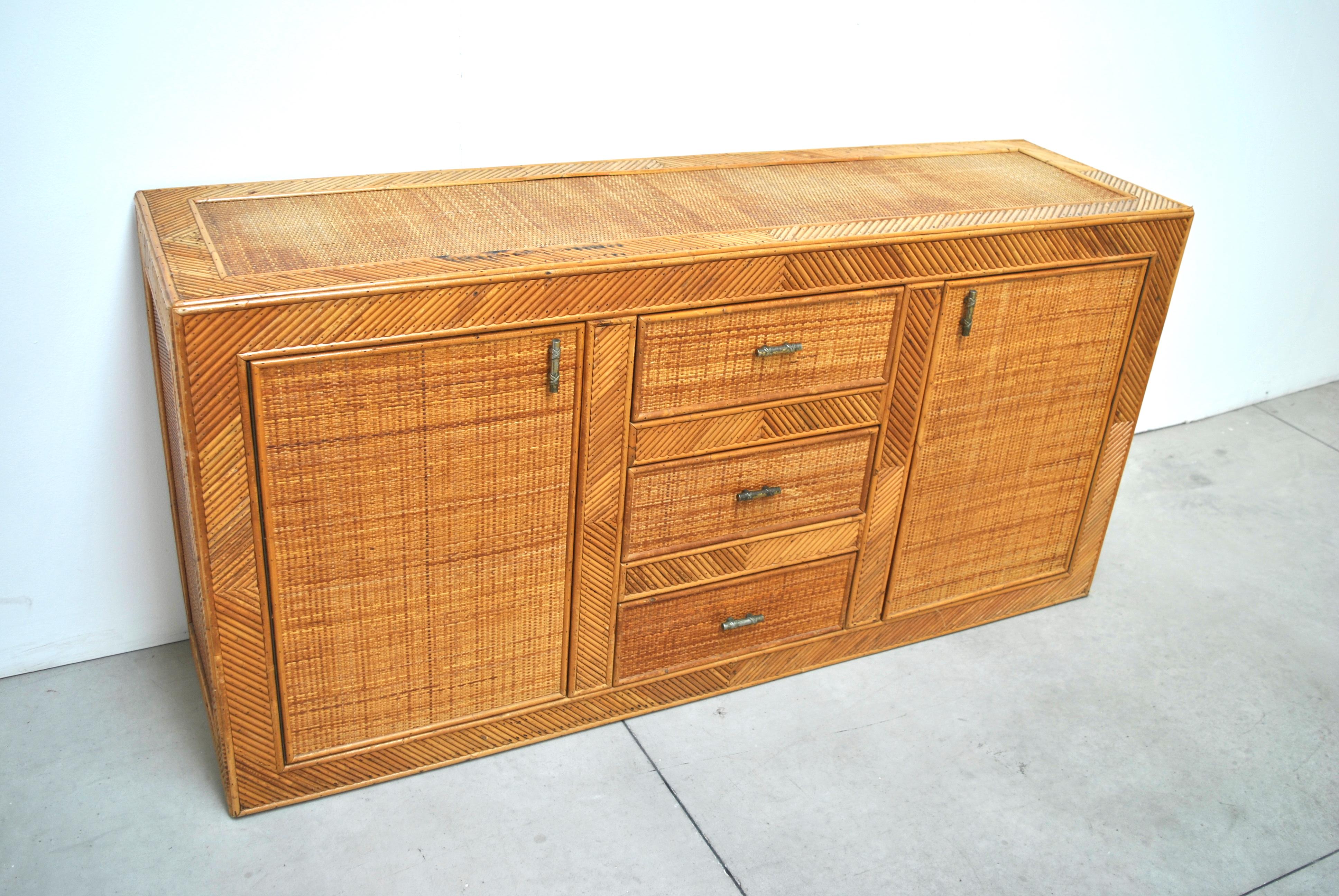Italian Superb Sideboard in Rattan at the Beginning of the 1970s