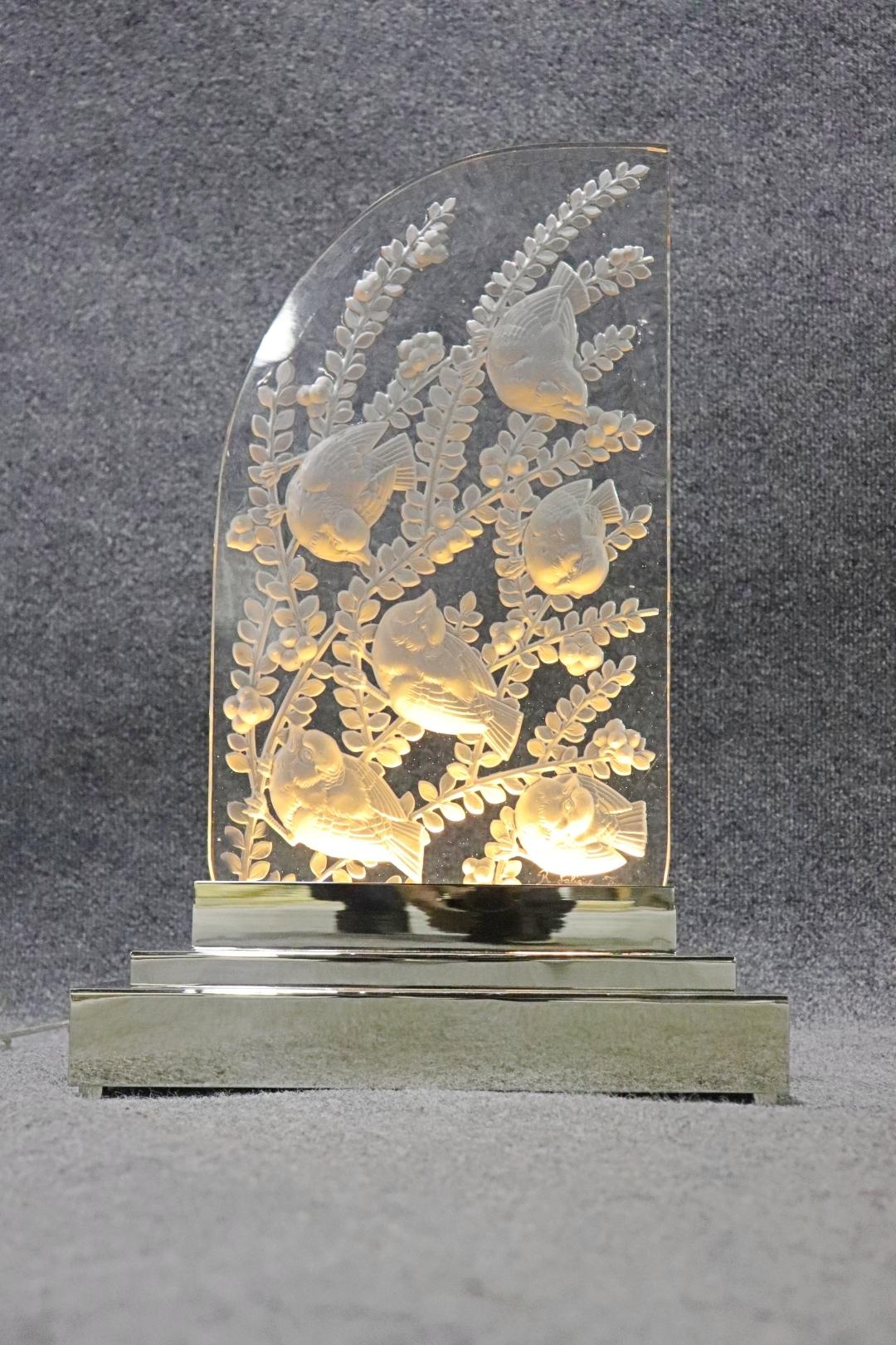 Gorgeous Signed R. Lalique France bottom right. Glass. Lighted. Chrome base.  21 7/8