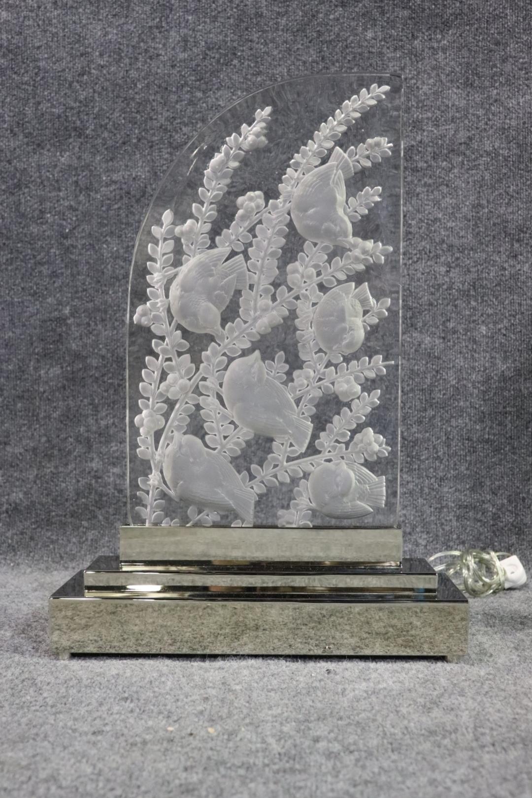 Mid-Century Modern Superb Signed Lalique Crystal Etched Sculptural Lamp with Birds and Leaves
