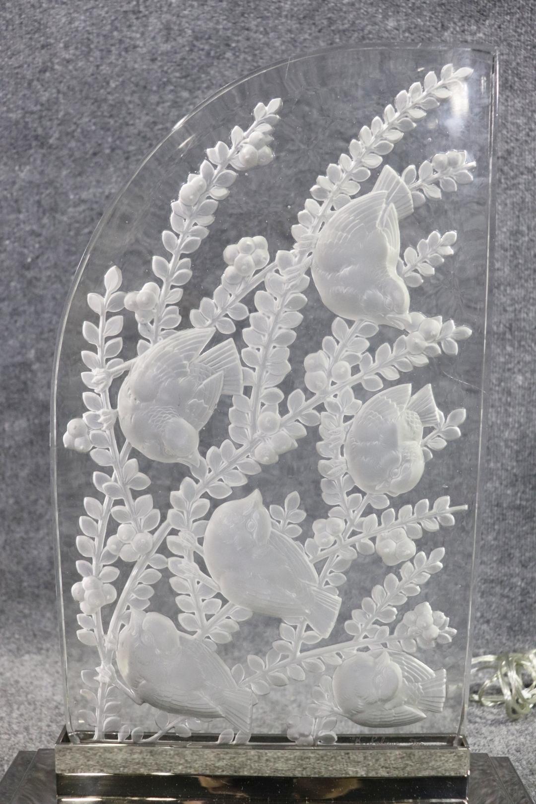 French Superb Signed Lalique Crystal Etched Sculptural Lamp with Birds and Leaves