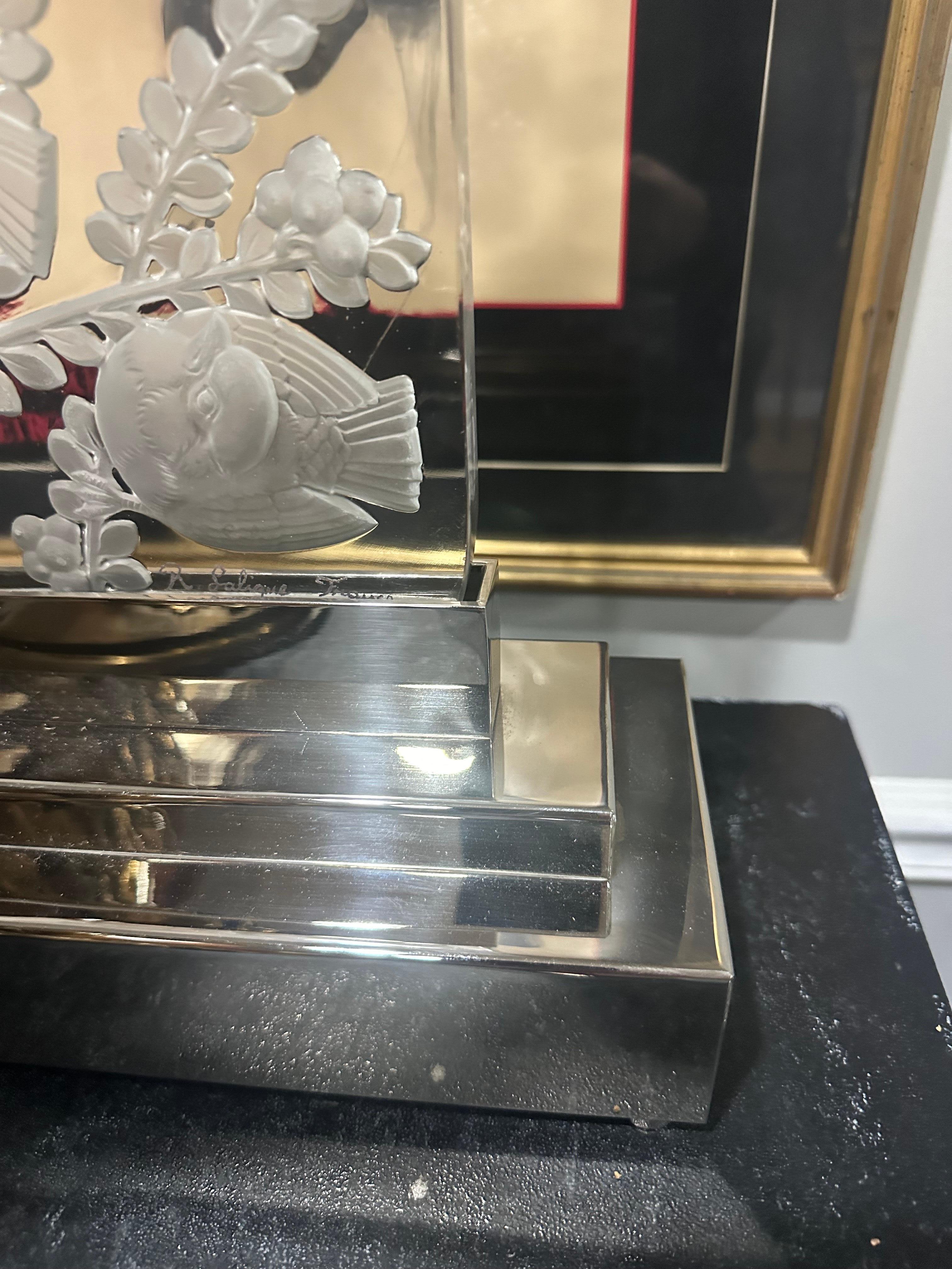 Superb Signed Lalique Crystal Etched Sculptural Lamp with Birds and Leaves 1